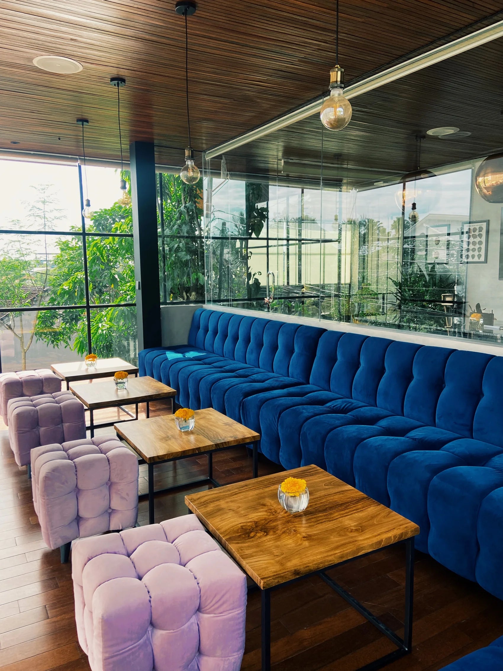 Blue lounge seating at Bali Beans Coffee & Co