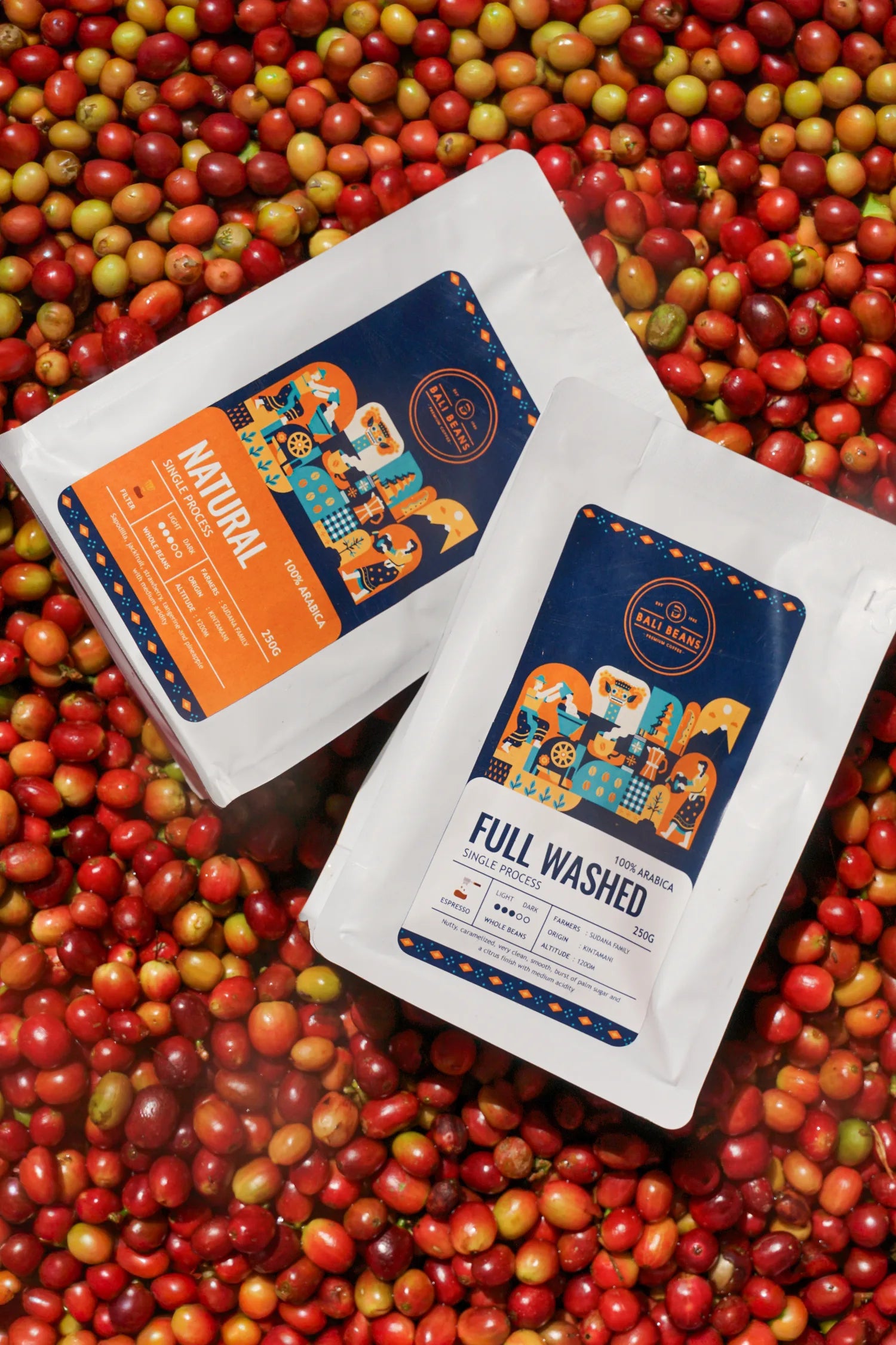 Bali Beans coffee packaging photographed on freshly harvested cherries