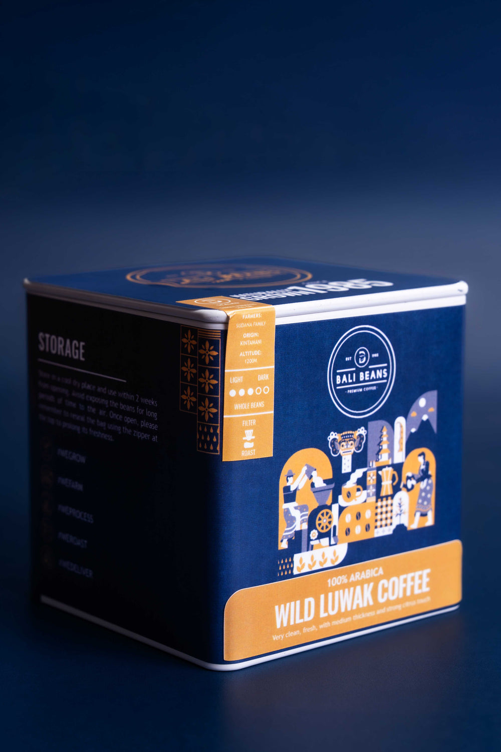 Bali Beans Wild Luwak Coffee tin against a navy background